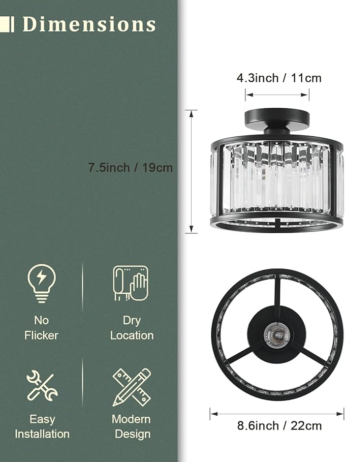 Black Flush Mount Ceiling Light, 2- Light Caged Crystal Chandelier, Small Drum Hallway Light fixtures Ceiling Mount (8.6 INCH Black)