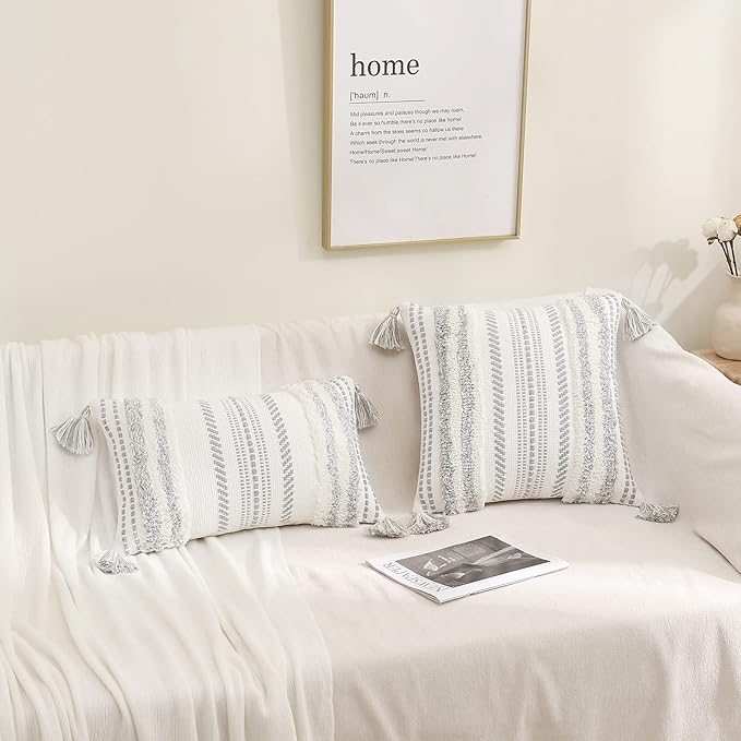 decorUhome Decorative Boho Throw Pillow Cover 20x20, Accent Neutral Textured Tufted Pillow Cover Striped for Couch Bed Sofa, Grey and Cream White, Pack of 1