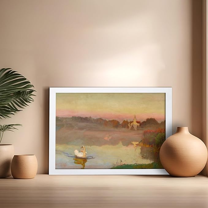 Poster Master Vintage Pond in Radziejowice Poster - Retro Swan Print - Lake Art - Landscape Art - Farmhouse Art - Animal Lover Art - Aesthetic Living Room or Office Decor, 16x20 White Framed