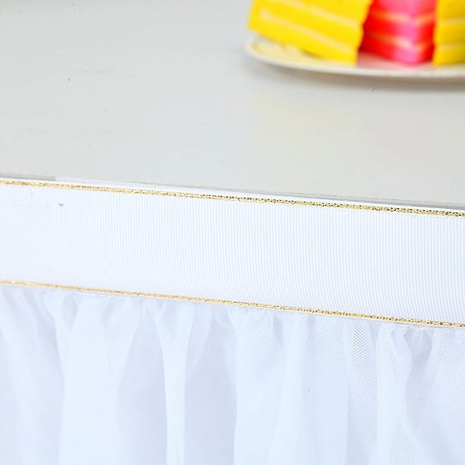 Suppromo 9ft White Table Skirt Tulle Tutu Table Skirt for Rectangle Tables White Ruffle Table Cloth for Wedding Bridal Shower Baby Shower Baptism Birthday Party Banquet Decoration(L9(ft) H 30in)