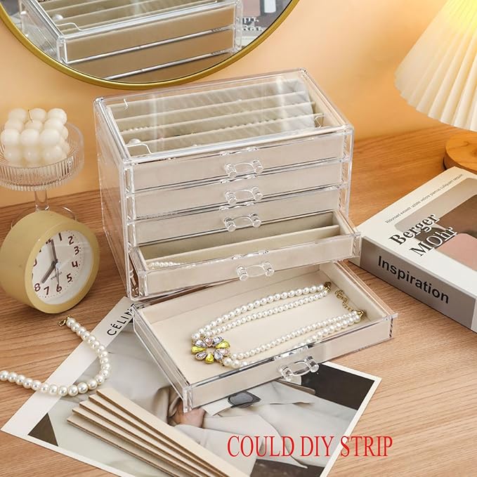 5 Drawers Necklace Organizer Storage, Tray with Clear Lid, Dustproof Velvet Necklaces Holder Storage Display Case, Necklace Tray Drawer Insert for Pendant Suitable for Women and Girls (25 grids)