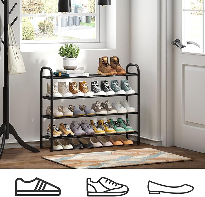 Long Shoe Rack, 4-Tier Expandable Metal Shoe Shelf, Shoe Rack for Closet, Entryway & Hallway