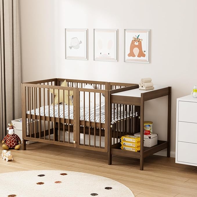 JOYMOR 8 in 1 Convertible Crib with Changer, Include 2” Mattress, Converts to Bassinet, Mid Crib, Full Size Crib, Daybed,Toddler Bed and Playard (Crib with Changer, Honey Wood)