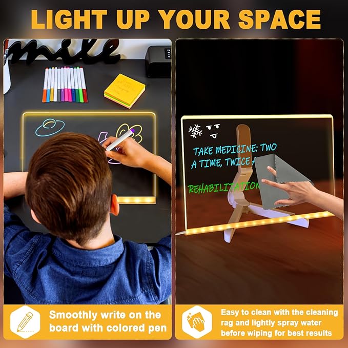 LED Acrylic Message Board, Light Up Acrylic Dry Erase Board 7.9x7.9” with Stand, LED Note Board with Colors for Kids, Glow Memo Message Writing Board with Light, Drawing Stencils Set Included
