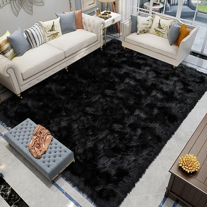 Latepis Large Black Rug Big Rugs for Bedroom 6.7x10 Area Rug Faux Sheepskin Fur Rug for Living Room Entertainment Room Office Bedroom Luxury Home Decor
