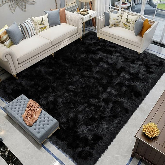 Latepis Large Black Rug Big Rugs for Bedroom 6.7x10 Area Rug Faux Sheepskin Fur Rug for Living Room Entertainment Room Office Bedroom Luxury Home Decor