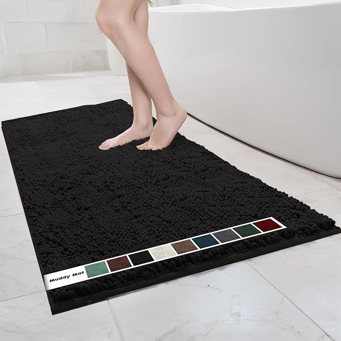 Muddy Mat Chenille Bathroom Rugs Quick Dry Microfiber Mats Non Slip Washable, Extra Thick, Soft and Highly Absorbent Bath Mats for Bathroom, Kitchen, and Shower Floor - Black XL 59"X35"
