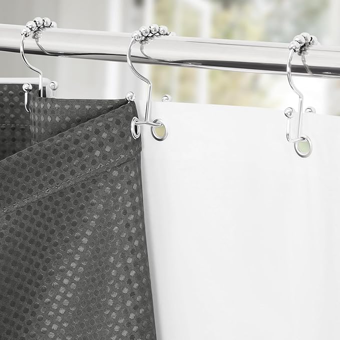3 in 1 Shower Curtain Set, Charcoal Grey Waffle Fabric Modern Shower Curtain and PEVA Liner Set with 12 Stainless Steel Shower Curtain Hooks, Dark Grey, 72 W x 72 H