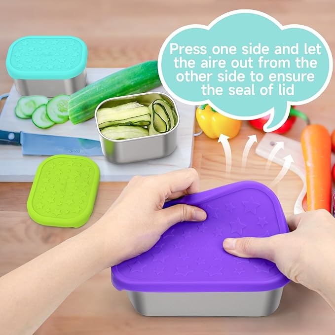 SOPHICO Stainless Steel 24 OZ Snack Containers for Kids，Food Storage Container with Silicone Lid - Perfect 304 Metal Toddler Lunch Box for Daycare and School, Leak Proof （Purple）