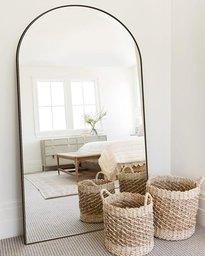 Antok Full Length Mirror, 81"x41" Floor Mirror with Stand, Hanging Mounted Mirrors for Bedroom, Living Room, Cloakroom, Dining Room, Black, Arched