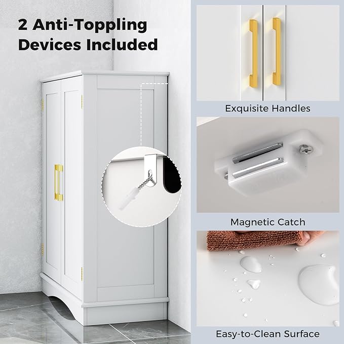 Tangkula Bathroom Floor Storage Cabinet, 31.5" H Freestanding Pantry Cabinet with 2 Doors and Adjustable Shelves, Kitchen Cupboard for Living Room, Dining Room, Bathroom (White, 31.5" H)