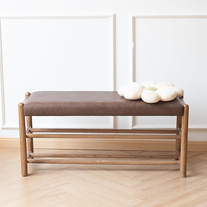 Solid Wood Entryway Bench with Shoe Storage, Rustic Oak Wood and PU Leather 39.4 Inch Long Seating for Living and Dining Rooms, 3-Tier Brown