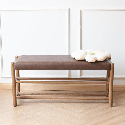 Solid Wood Entryway Bench with Shoe Storage, Rustic Oak Wood and PU Leather 39.4 Inch Long Seating for Living and Dining Rooms, 3-Tier Brown