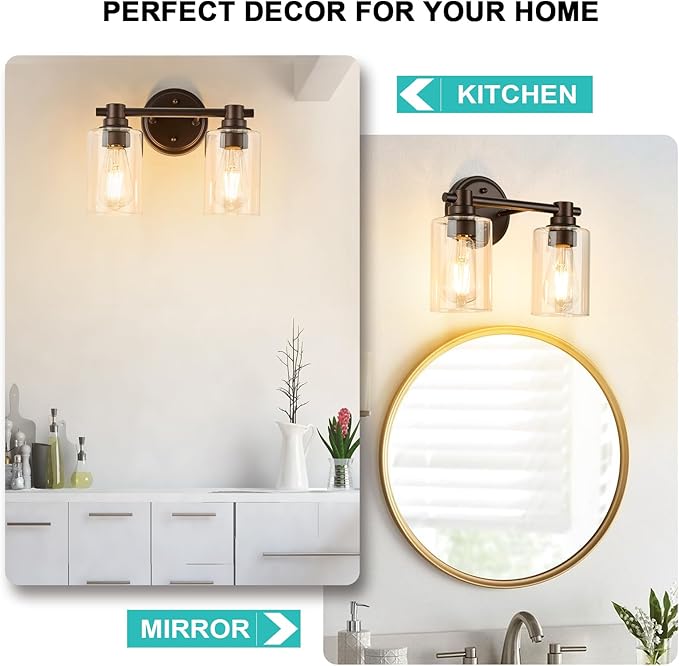Bathroom Light Fixtures Wall Sconce Light with Clear Glass Oil Rubbed Bronze 2 Lights Bathroom Lighting Over Mirror Vanity Lights for Living Room,Bedroom,Restroom,Hallway E26 Base