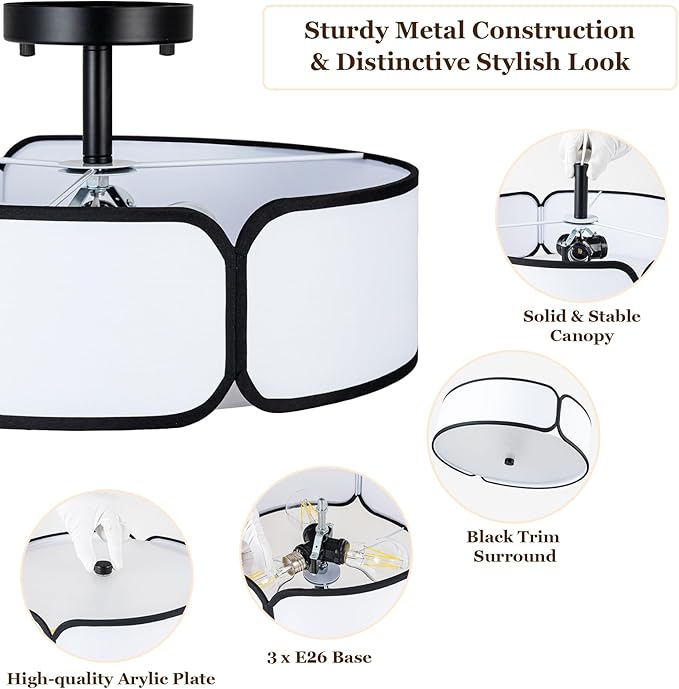16" Semi Flush Mount Ceiling Light - 3 Lights Drum Light Fixture with Black Border White Fabric Shade, Farmhouse Close to Ceiling Light for Bedroom Living Dining Room Foyer and Hallway