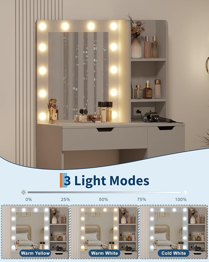 Garvee Vanity Desk with Mirror and Lights - Makeup Vanity Desk with 4 Drawers, Built-in Power Outlet & USB, Adjustable LED Lighting, Makeup Table for Bedroom (Grey)