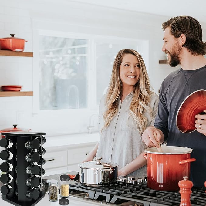 KALINCO Rotating Spice Rack Organizer, Revolving Spice Rack for Cabinet, Stainless Steel Spice Organizer with Jars(20-Jar) Black