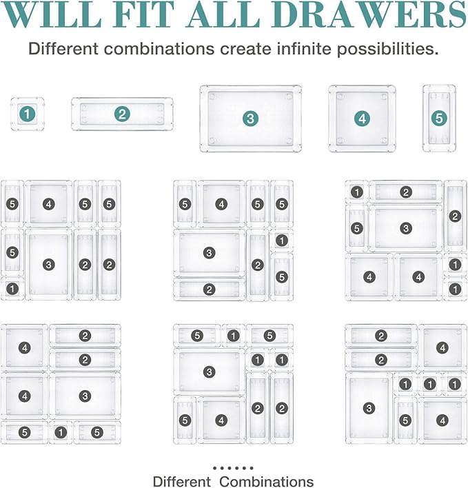 16 PCS Drawer Organizer Set, 5 Varied Size Bathroom and kitchen Drawer cabinet organizer Trays, Clear Storage Bins for Makeup, Jewelry, Utensils and Gadgets