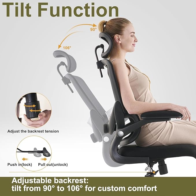 Ergonomic Home Office Chair, High Back Mesh Desk Chair with Adjustable Lumbar Support, Flip-up Armrest, Removable Headrest, Swivel Computer Gaming Chair, Space Saving, 330LBS (Black)