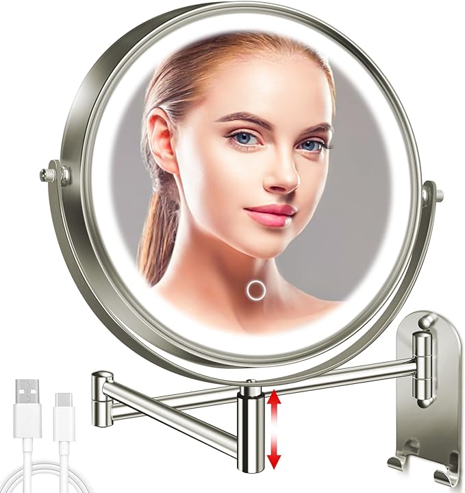 8" Wall Mounted Lighted Makeup Mirror, 3000mAh Rechargeable Double Sided 1X/10X Magnifying Mirror with Hook, 3 Color Lights Touch Dimmable 360° Rotation Vanity Mirror for Bathroom