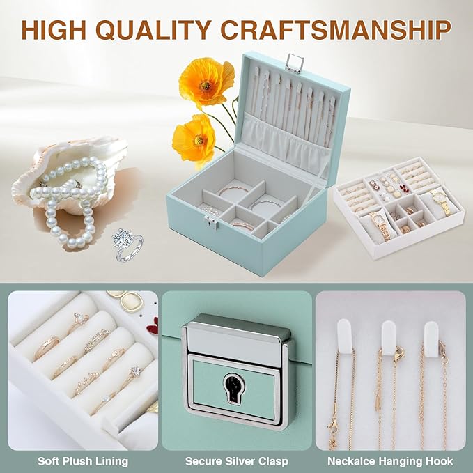 Jewelry Organizer Box for Women,Large Genuine Leather Jewelry Organizers and Storage with Earring Holder Organizer Removable Velvet Jewelry Tray,Christmas Gifts for Mom,Green