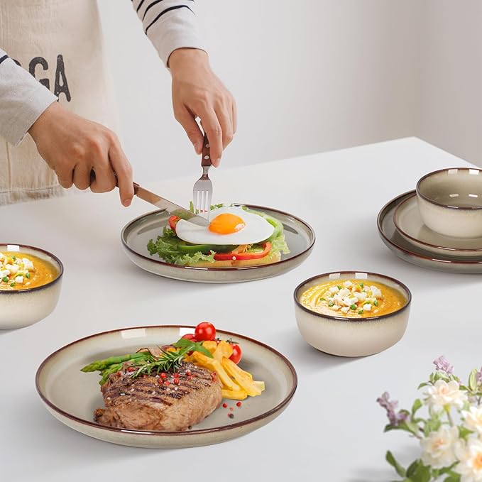 Romswi Ceramic 18Pcs Dinnerware Sets,Stoneware Plates and Bowls Set for 6, Chip & Scratch Resistant Dish Set, Handmade Reactive Glaze Plate Set, Oven, Microwave & Dishwasher Safe,Wheat Green