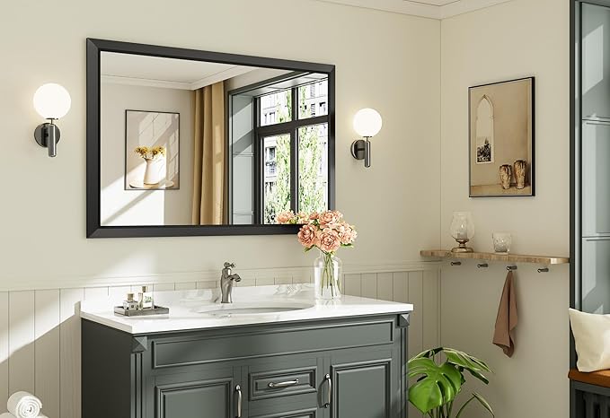 48x32 Inch Black Bathroom Mirror for Wall, Thick Metal Framed Rectangle Mirrors for Over Sink, Bedroom, Living Room, Entryway, Anti-Rust, HD Tempered Glass
