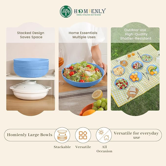 Homienly Wheat Straw Big Bowls Salad Bowls Set of 6 10 inch Serving Bowls 65 oz Large Bowls Plastic Plates Bowls Wide and Shallow Bowls for Kitchen Microwave & Dishwasher Safe-Sky Blue