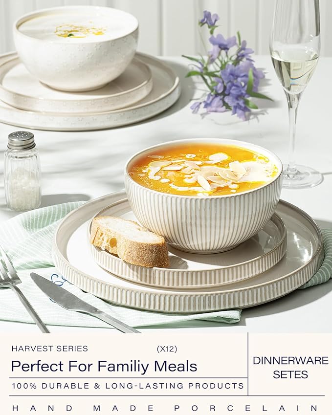 Getstar Dinnerware Sets, Plates and Bowls Sets (10.5” Dish + 8” Dish + 6” Bowl) for 4, Microwave Dishwasher Safe, 12 PCS Ceramic Dinnerware Sets