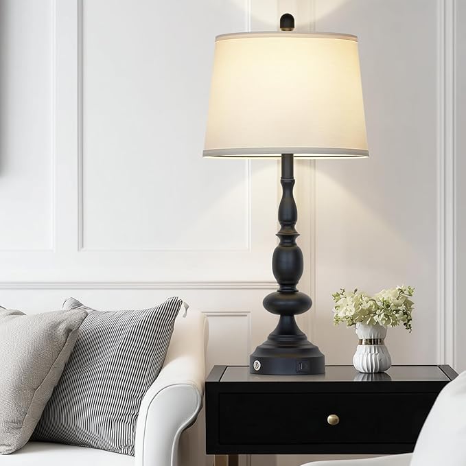 29" Black Modern Table Lamps Set of 2, Industrial Touch Control 3-Way Dimmable Bedside Lamp with USB C+A Ports, Metal Nightstand Lamps for Living Room Bedroom Office Home(2 LED Bulbs Included)