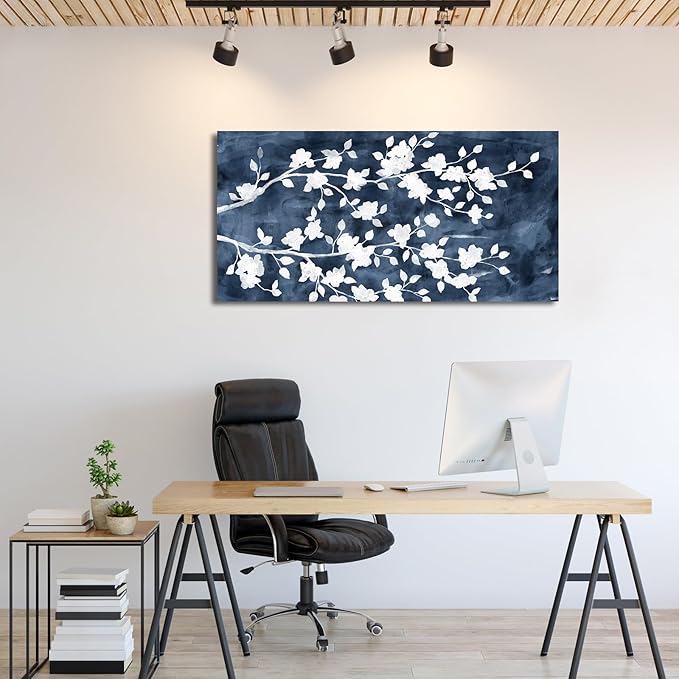 NINEASO Abstract Flowers Canvas Wall Art - Gray White Tree Floral Branches Pictures Wall Decor White Blossom Deep Indigo Blue Background Painting Artwork for Living Room Bedroom Home Decor 20" X 40"
