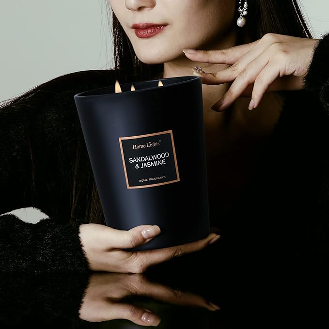 HomeLights Scented Candles | Large Jar 33.3 Oz Natural Soy Candle | 130 hrs with 3 Cotton Wicks, Sandalwood Jasmine Home Fragrance Candles Gift