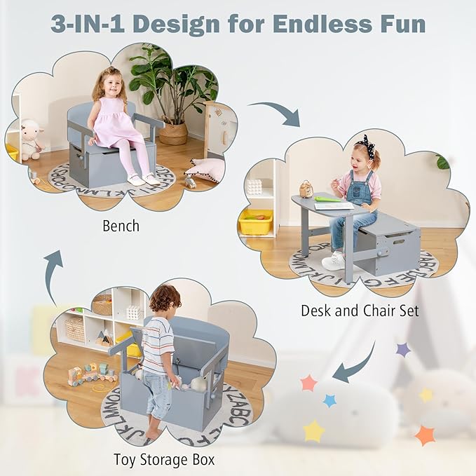 HONEY JOY Kids Table and Chair Set, 3-in-1 Convertible Wooden Toy Storage Bench with Handle, Toddler Furniture Set for Daycare Playroom, Gift for Boys Girls 3+ (Gray)