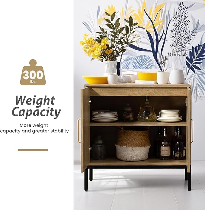 Buffet Cabinet with Storage, Storage Cabinet with Rattan Decor Doors, Accent Sideboard Bufft with Solid Wooden Feet, for Living Room, Hallway, Kitchen, Buffet Table