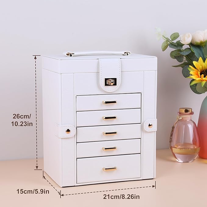 Kendal Jewelry Box, 6-Layer Jewelry Storage Organizer for Necklace Bracelet Rings Watch, 10.2"x8.2"x6" Classic PU Leather 5 Drawers Large Storage Capacity with Mirror
