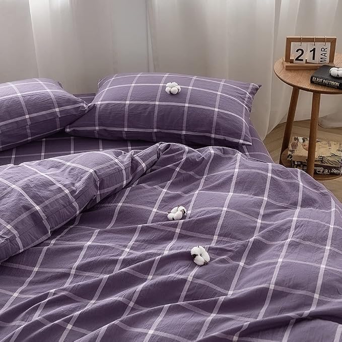 FACE TWO FACE Bedding Duvet Cover Set100% Washed Cotton Duvet Cover Linen Like Textured Breathable Durable Soft Comfy (Queen, Purple Grid)