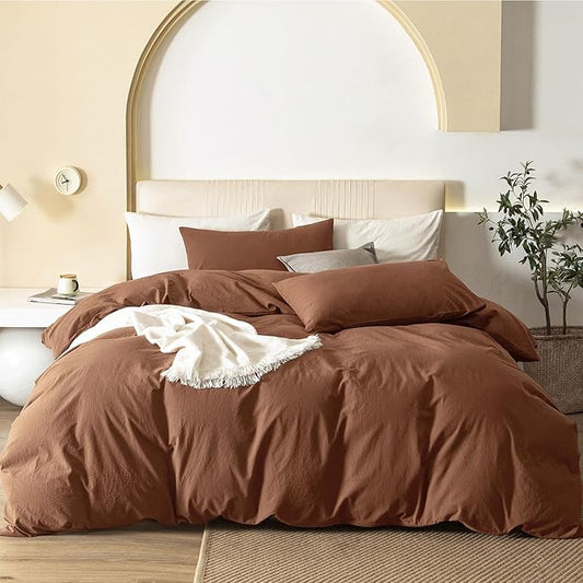 JIYUAN 100% Washed Cotton Duvet Cover Set 3 Pieces Oversized King, 1 Duvet Cover 120x98 Inches(Comforter Not Included) and 2 Pillowcases,Linen Feel Bedding Set Comfy and Breathable,Burnt Orange