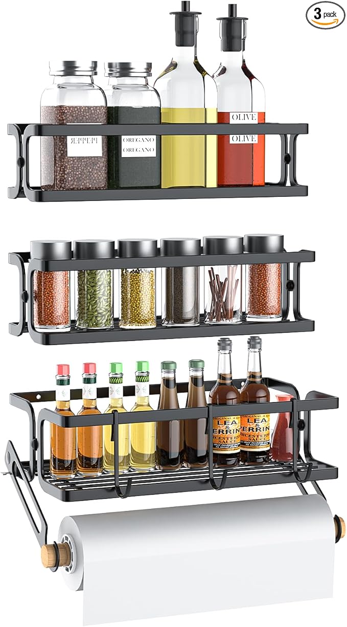 3 Pack Spice Rack Wall Mount | Kitchen Paper Towel Holder + 3 Hooks | Heavy Duty Metal Spice Jar Organizer | Screw/Adhesive (No Drill!) for Cabinet/Countertop/Pantry | S/M/L Sizes Black