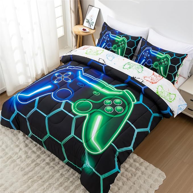 NTBED Game Console Comforter Set for Boys Girls Kids 3D Gaming Geometric Lightweight Microfiber Bedding Sets (Blue Green, Queen 5Pcs)