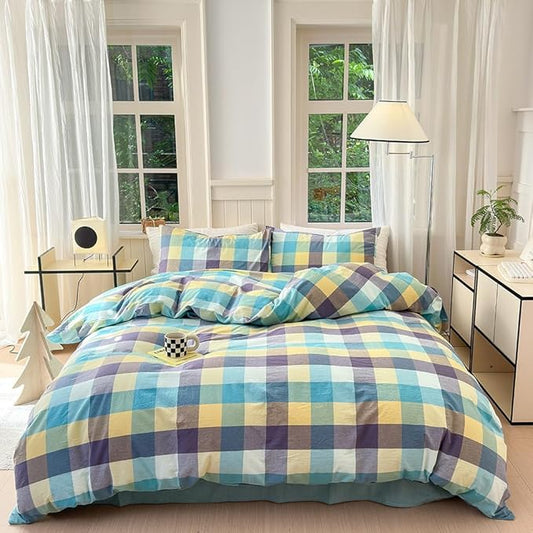 FACE TWO FACE Bedding Duvet Cover Set100% Washed Cotton Duvet Cover Linen Like Textured Breathable Durable Soft Comfy (Queen, Yunxi Blue)