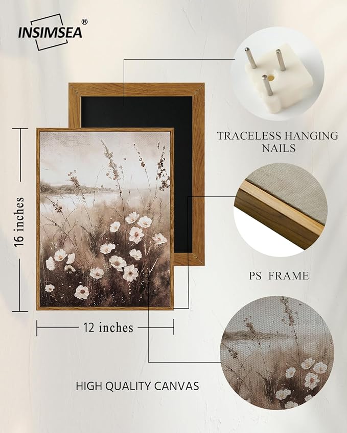 InSimSea Framed Wall Art for Living Room Landscape Canvas Wall Decor Meadow with Flowers Vintage Paintings Classical Wildflower Field Scene Boho Floral Pictures Decor for Bathroom Bedroom 12x16in
