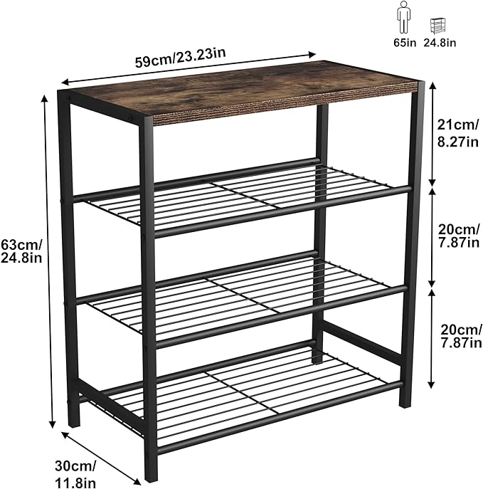 HOMEFORT 4-Tier Shoe Rack Organizer, Shoe Tower for Closet, Shoe Storage Shelf with MDF Top Board, Each Tier Fits 3 Pairs of Shoes, Entryway Shoes Organizer with Sturdy Metal Shelves, Rustic Brown