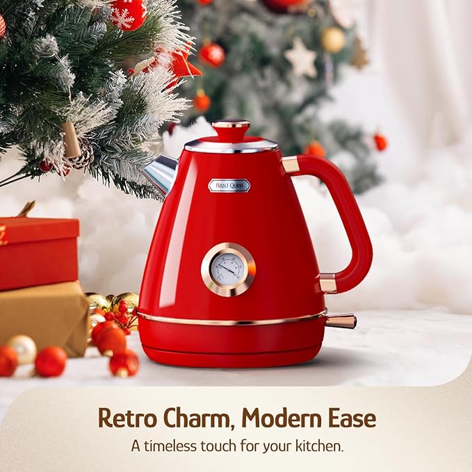 Hazel Quinn Retro Electric Kettle - 1.7 Liters / 57.5 Ounces Tea Kettle with Thermometer, All Stainless Steel, Fast Boiling 1200 W, BPA-free, Cordless, Rotational Base, Automatic Shut Off - Ruby Red