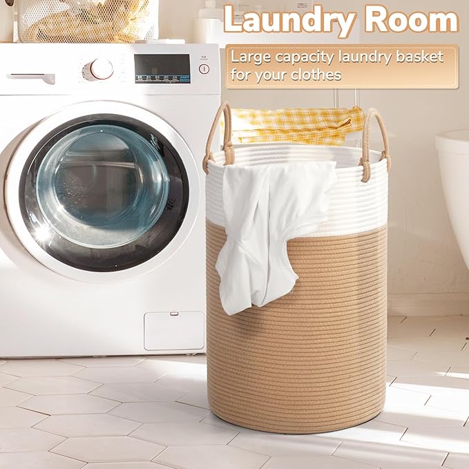 INDRESSME Large Laundry Hamper, 60L Clothes Laundry Basket, Nursery Hamper, Cotton Rope Hamper for Blankets, Hampers for Bedroom, 19.7 x 13.8 inches