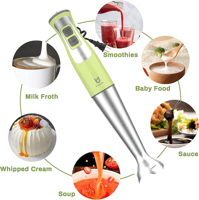 Immersion Hand Blender, UTALENT 5-in-1 8-Speed Stick Blender with 500ml Food Grinder, BPA-Free, 600ml Container,Milk Frother,Egg Whisk,Puree Infant Food, Smoothies, Sauces and Soups - Green