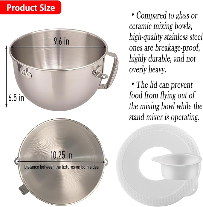 6Quart Stainless Steel Mixer Bowl with Bowl Lid Covers for Stand Mixers