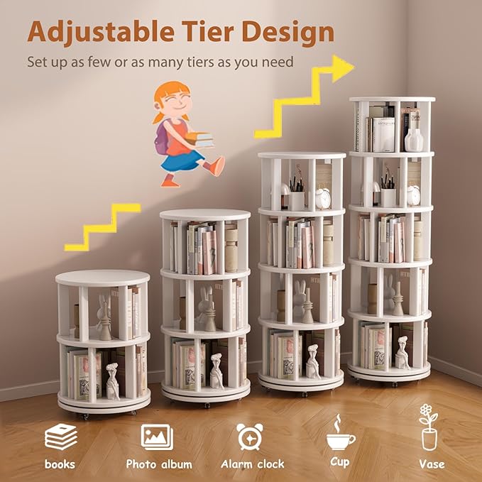 Solid Wood Rotating Bookshelf on Wheels, 5 Tier, Round Revolving Bookcase, 360° Spinning Book Shelf Tower for Kids, Narrow Rolling Bookshelves for Small Space, Corner, Bedroom, Office, White