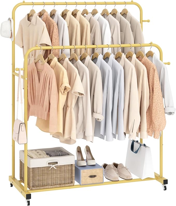 Laiensia Double Rods Garment Rack with Wheels, Clothing Rack for Hanging Clothes,4 Hooks, Multi-Functional Bedroom Clothes Rack, Gold