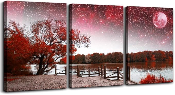 Wall Art Decor Poster Living Room abstract Red Tree Moon Starry Sky red Landscape Painting Bathroom Wall Art Bedroom Canvas Prints 3 Pieces Picture Works Ready to Hang Office Home decoration Artwork