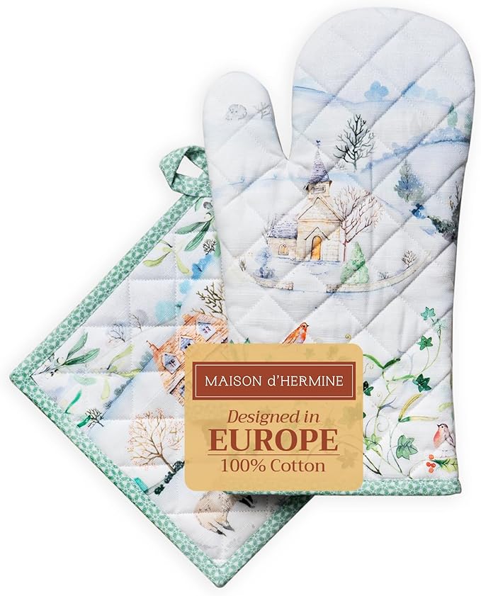 Maison d' Hermine 100% Cotton Oven Mitt & Pot Holder Set (7.5"x13" & 8"x8") Heat Resistant BBQ Cooking Gloves with Loop for Thanksgiving Christmas Decorations Handling Hot Pans (Snowy World)